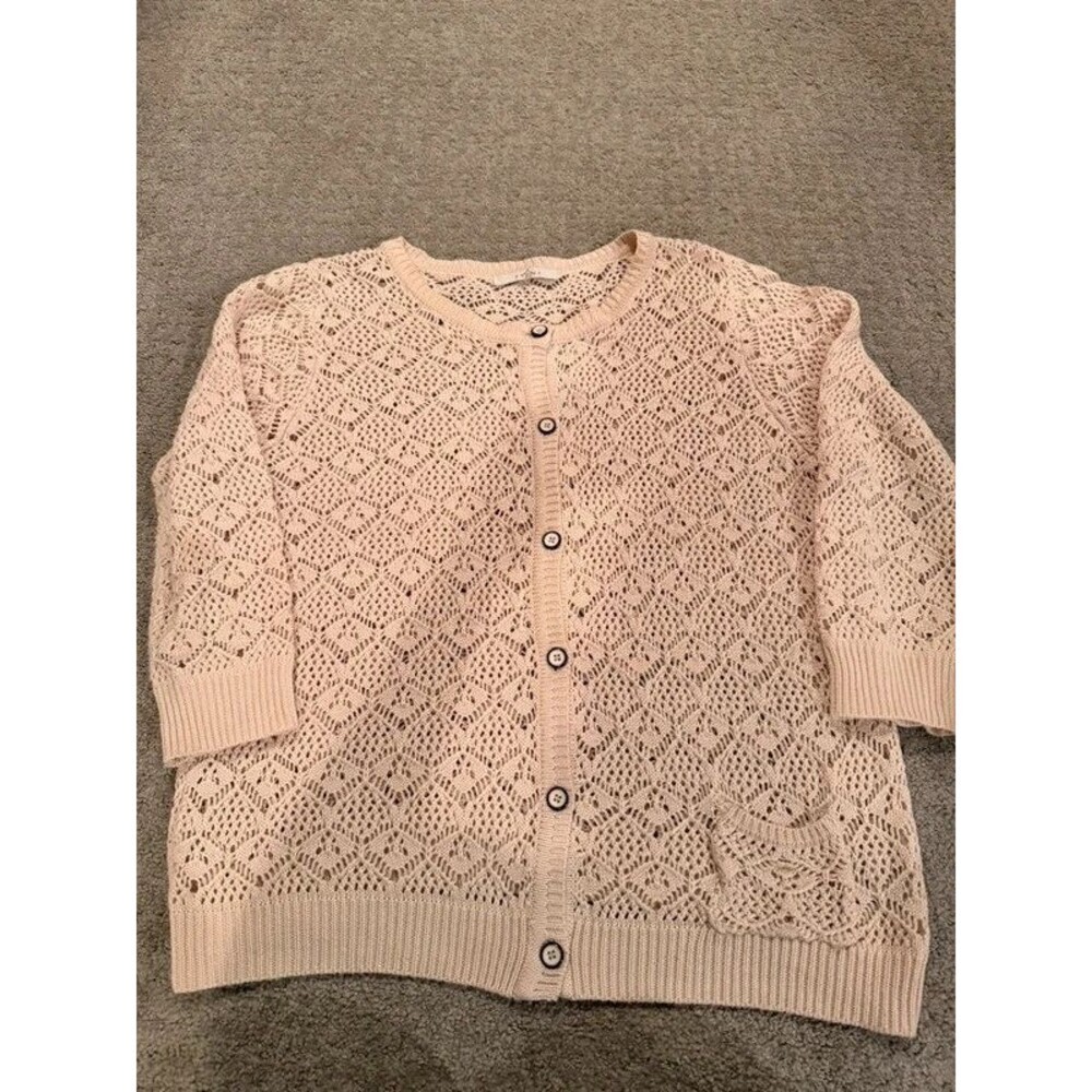 Fever Brand Boho Pointelle Knit Crochet Sweater –Beige Open Weave Top